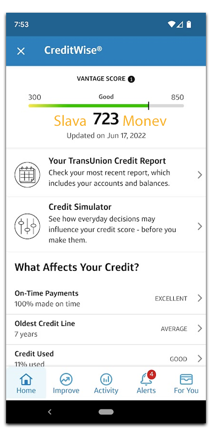 CreditWise Mobile app shows Vantage Score