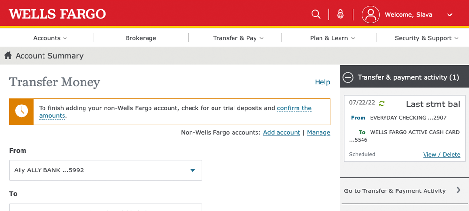 Wells Fargo Transfer Money confirm two trial transactions