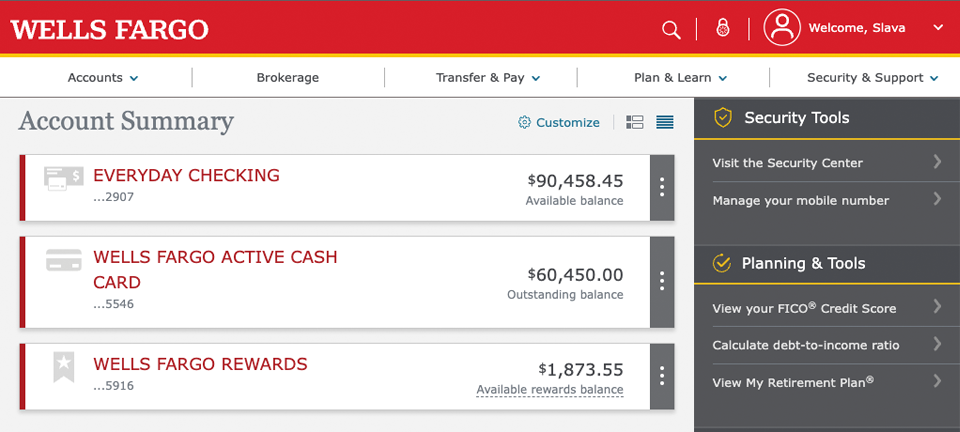 Main screen of Wells Fargo account