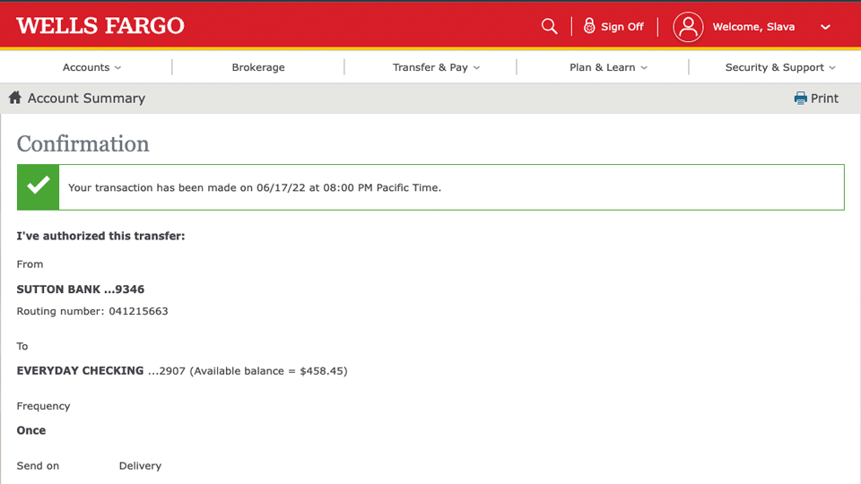 Wells Fargo transfer confirmation