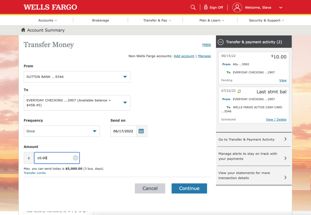 Wells Fargo transfer money from