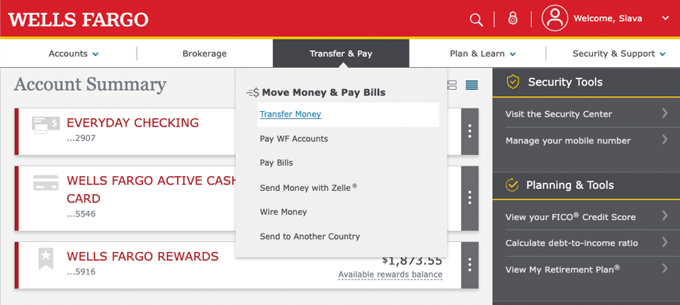 Wells Fargo Account Summary screenshot with menu open