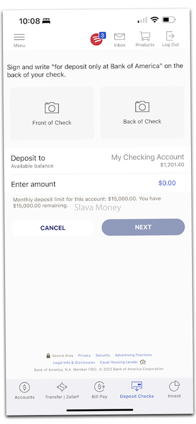 Mobile Check Deposit in Bank of America mobile app