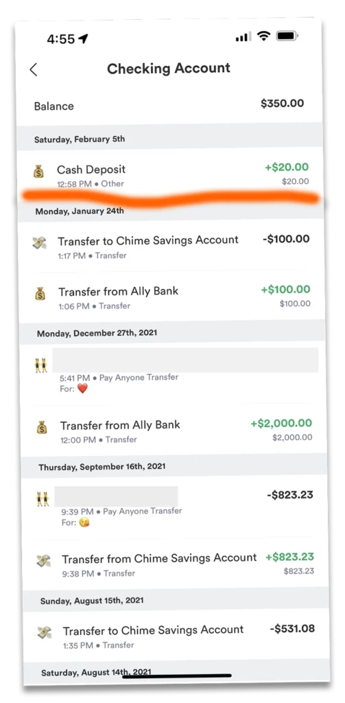 Chime checking account transactions