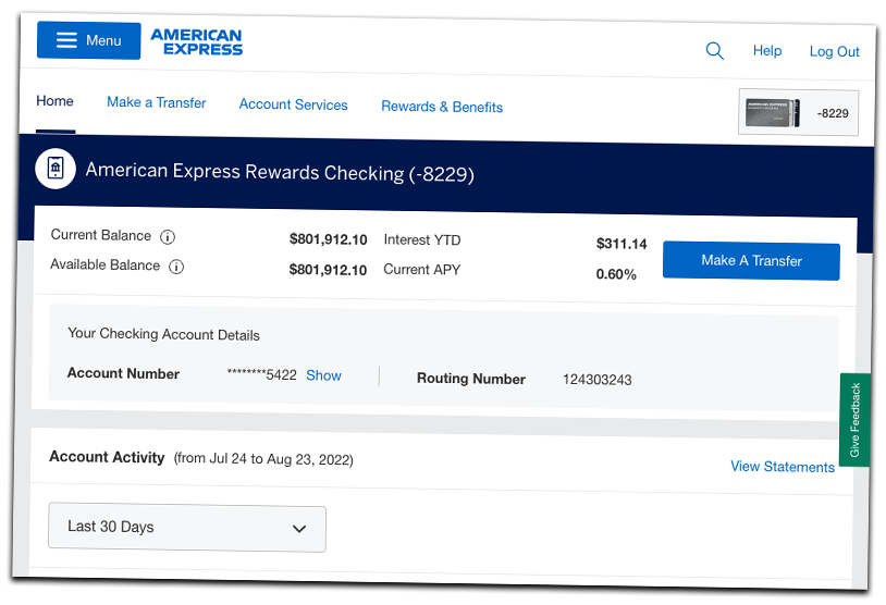 American Express Rewards Checking account earn 0.6% interest