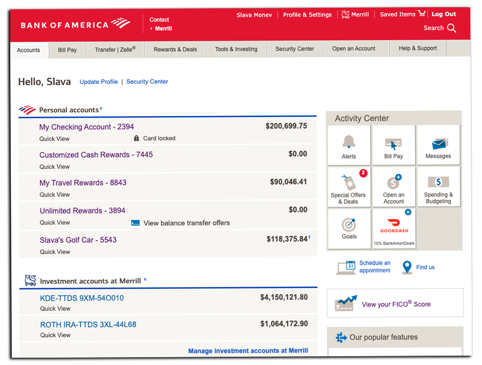 Screenshot Bank Of America account with high balance