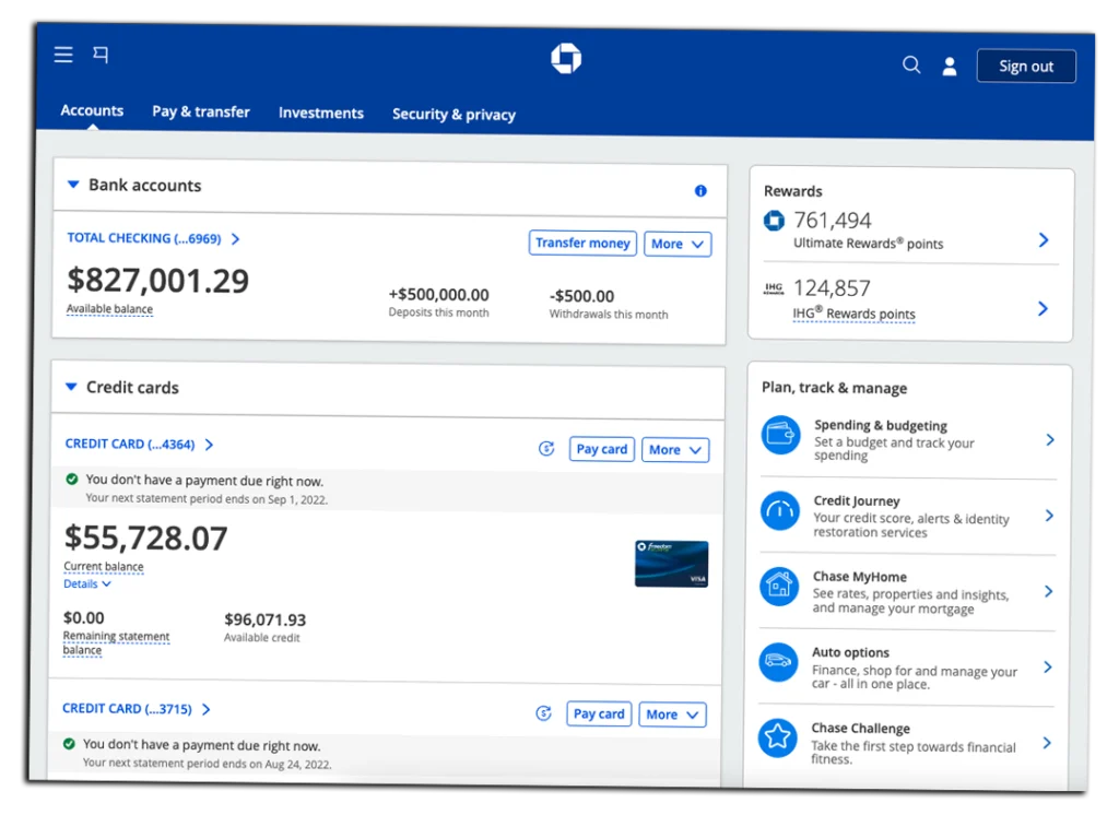 Screenshot Chase Bank account with high balance