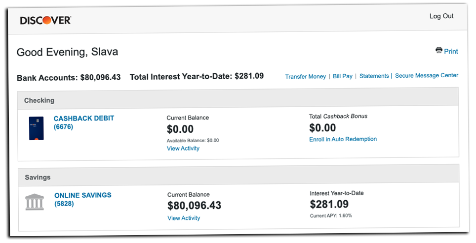 Web interface of Discover Bank