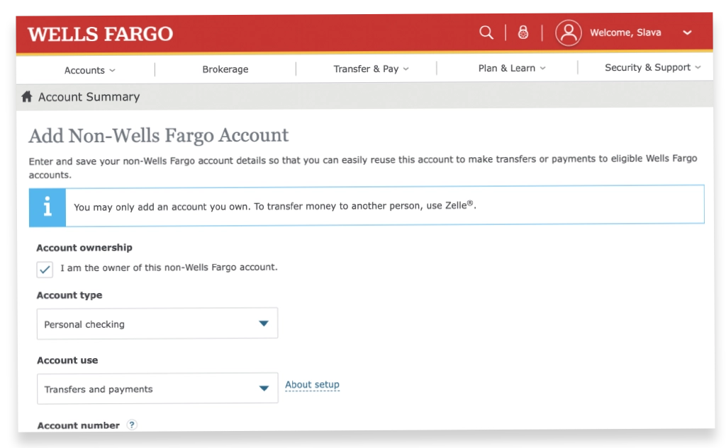 Add Non-Wells Fargo Account