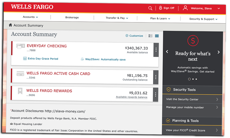 Screenshot of Wells Fargo account balance