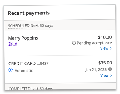 Zelle Recent Payments