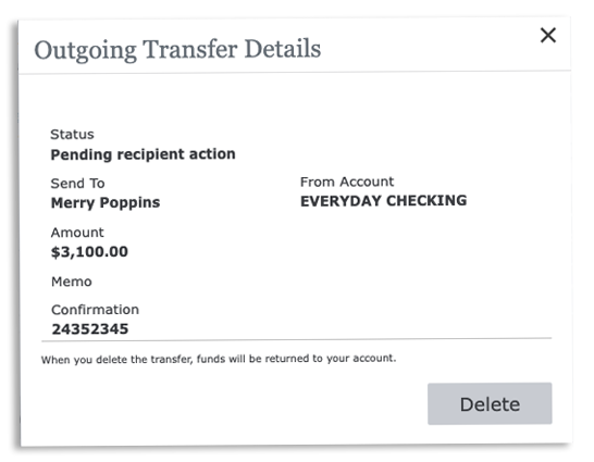 Outgoing Zelle Transfer Delete