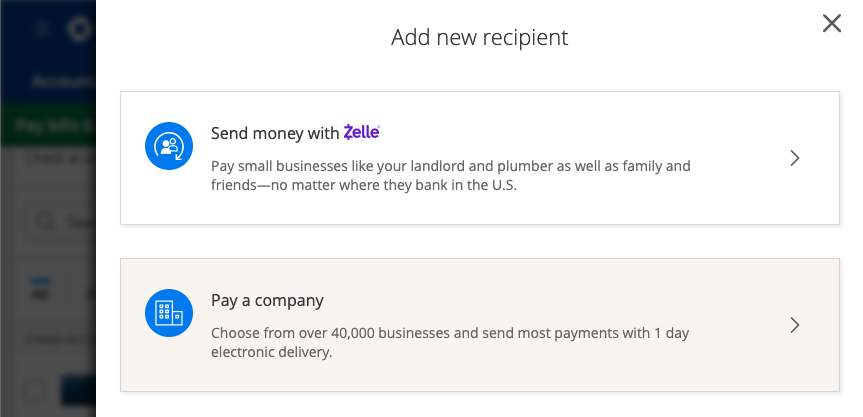 Chase select Sent money with Zelle